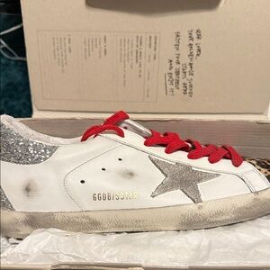 Golden Goose White and Silver Sneakers with Red Accents